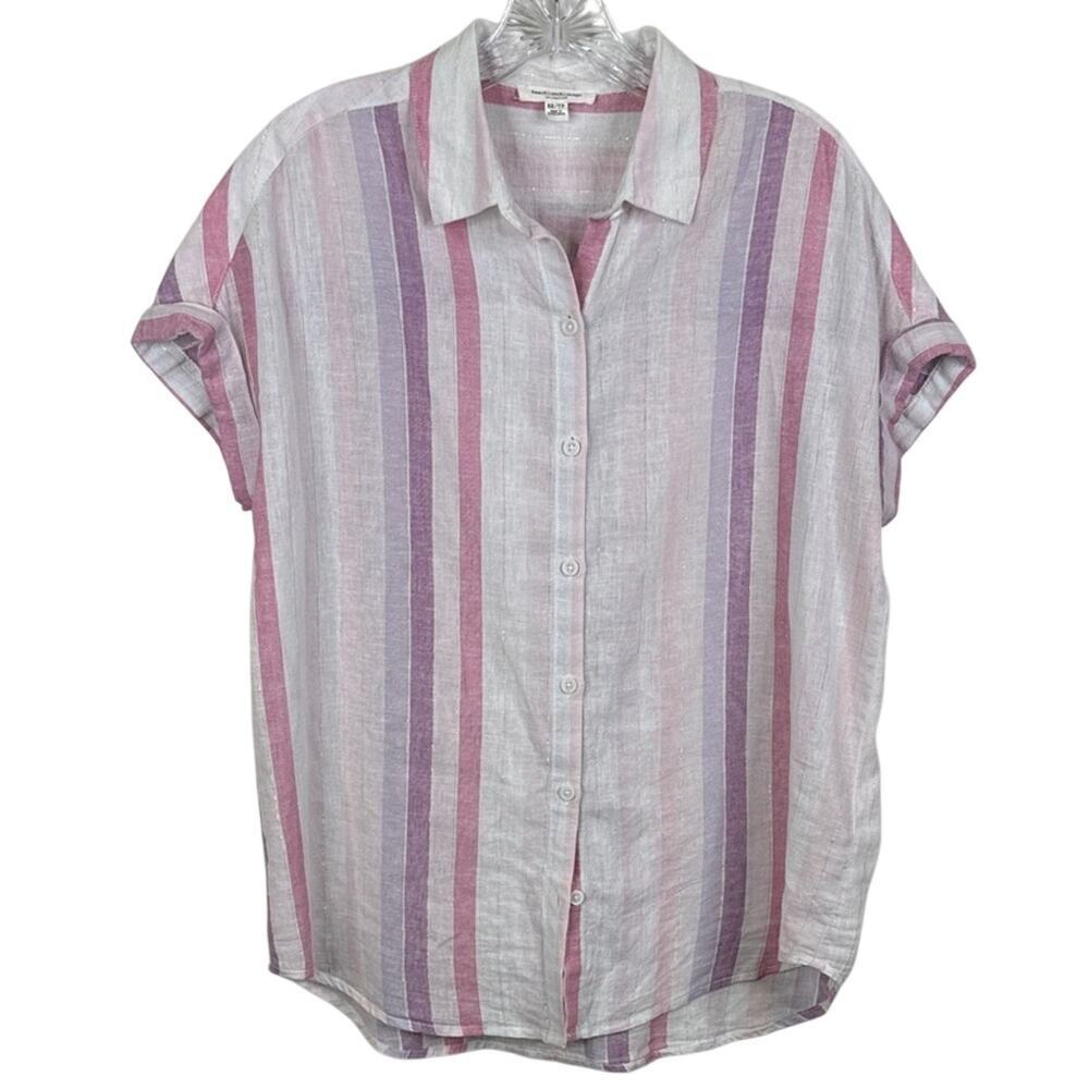BeachLunchLounge Women's XS Linen Blend Striped Button Down Shirt Pink Purple